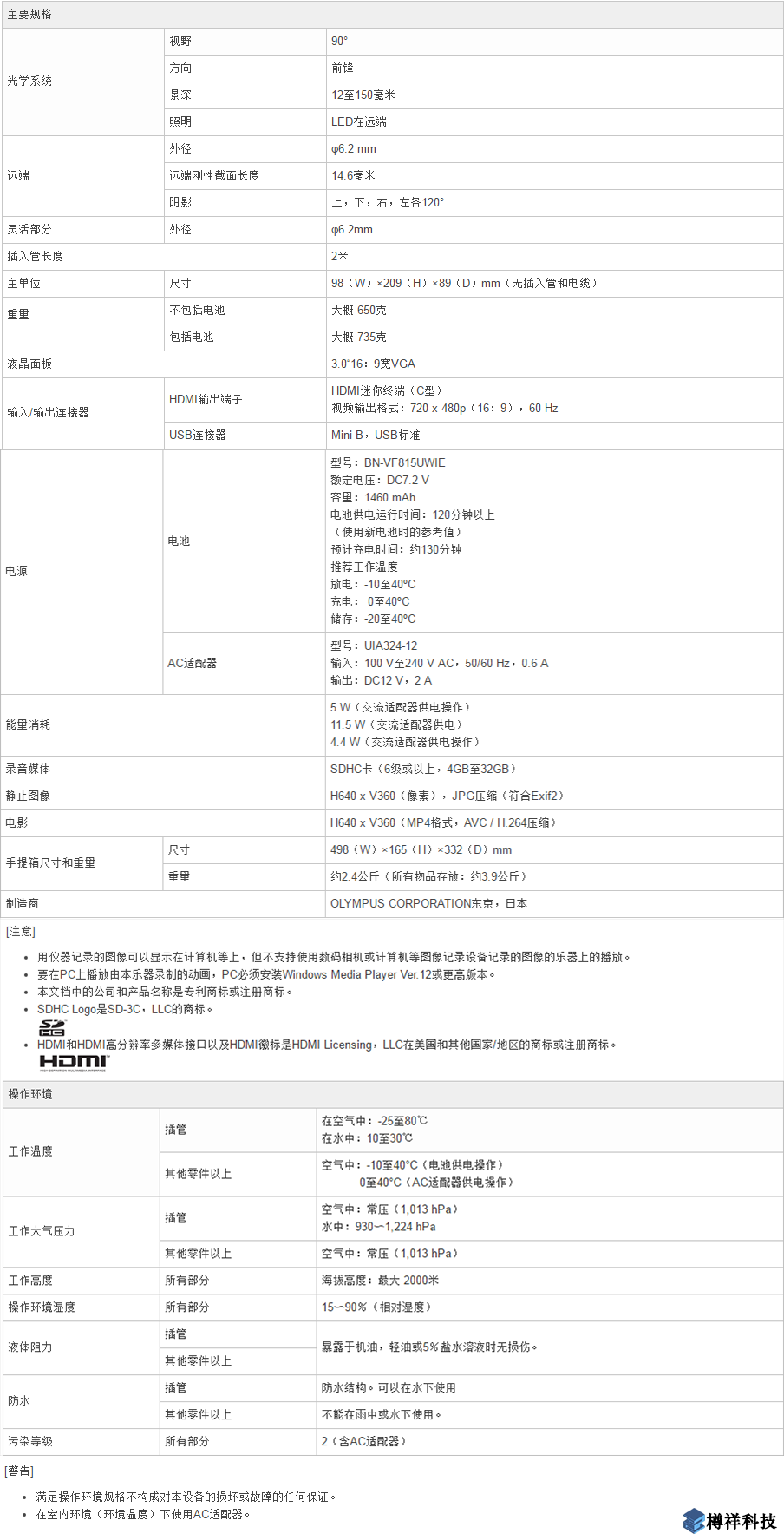 奧林巴斯系列C視頻工業(yè)內窺鏡產品規(guī)格